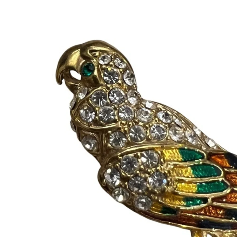 Large Bird‎ of Paradise Brooch Gold Tone Enamel Rhinestones Parrot Bird Colorful